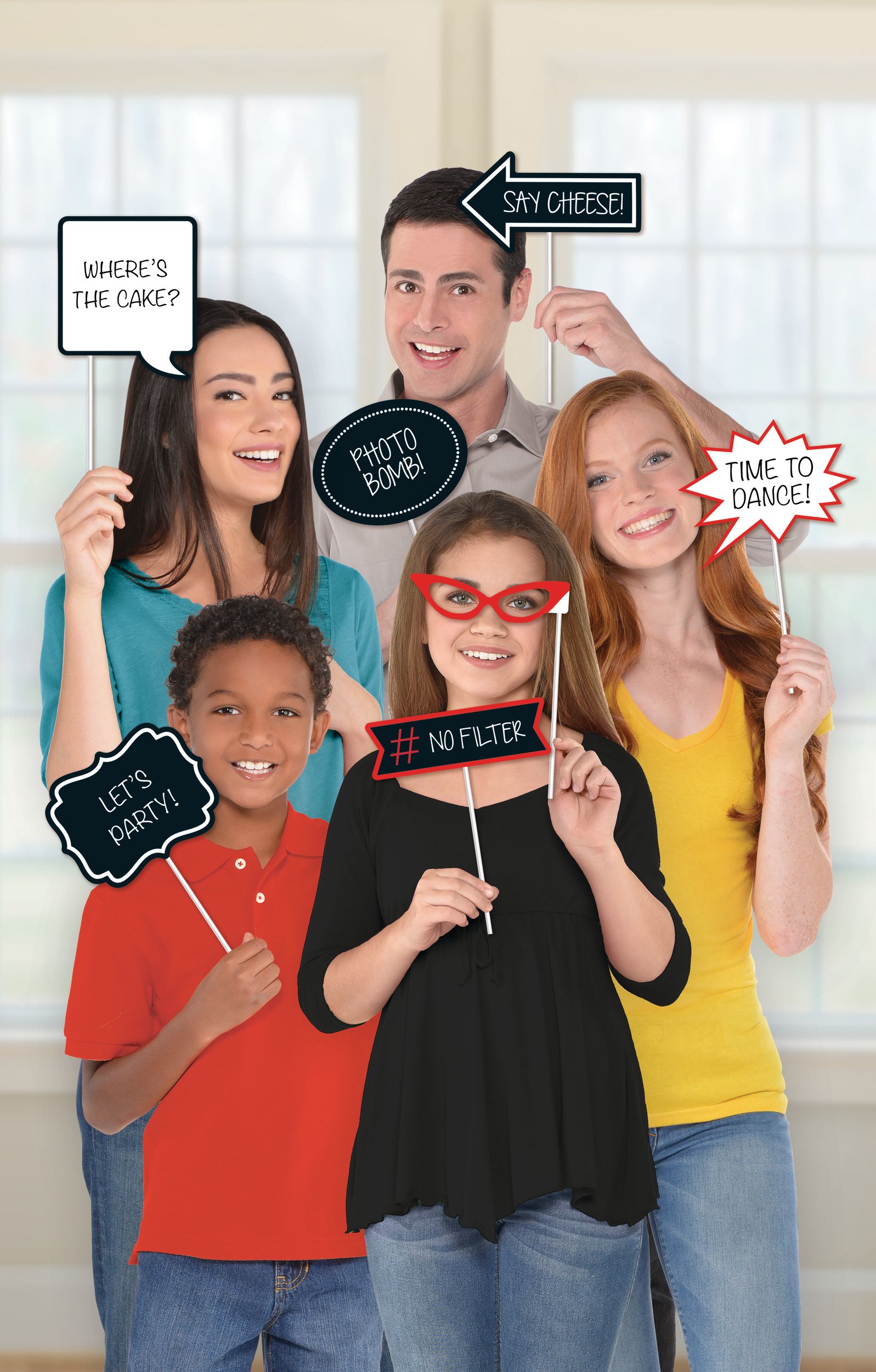 "Say Cheese" Photo Booth Sign Props, Black/White, 5.7-in, 13-pk, for Graduation/Birthday/Wedding Front_Flat