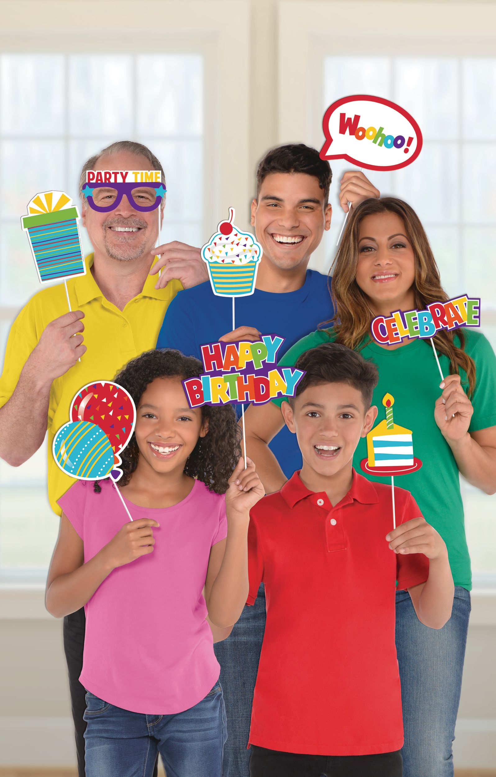 "Celebrate" Photo Booth Sign Props, Multi-Coloured, 14-in, 13-pk, for Birthday Party Front_Flat