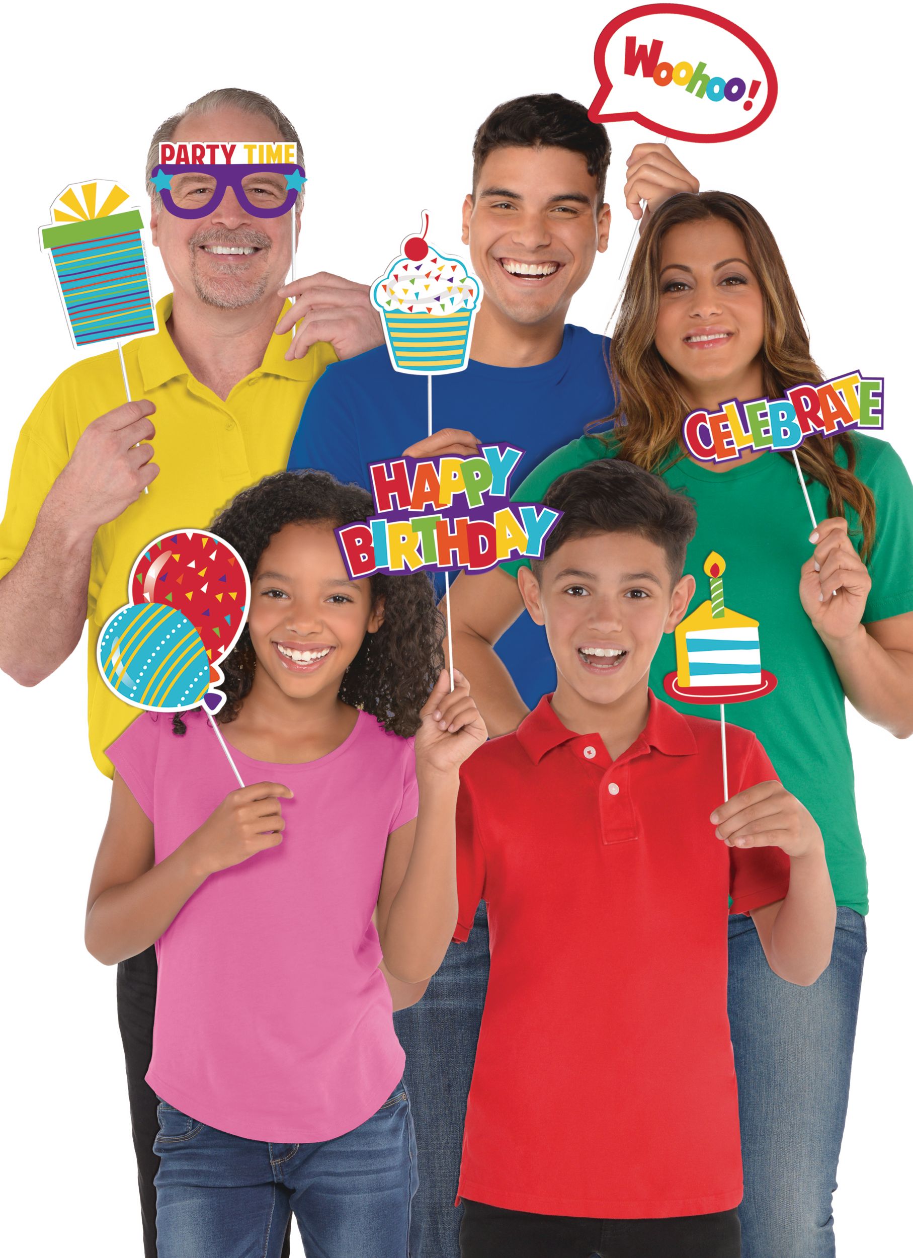 "Celebrate" Photo Booth Sign Props, Multi-Coloured, 14-in, 13-pk, for Birthday Party Front_Flat
