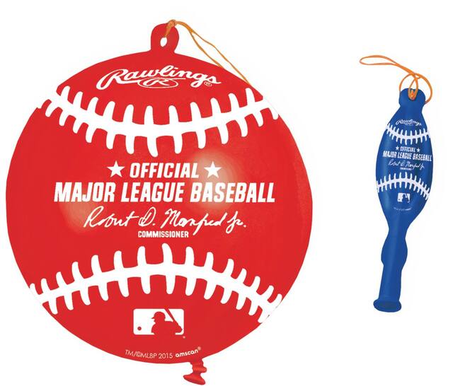 Ballons à frapper ronds MLB Ligue majeure de baseball Rawlings, bleu/rouge, 12 po, paq. 16, pour fêtes sportives Overhead_Flat