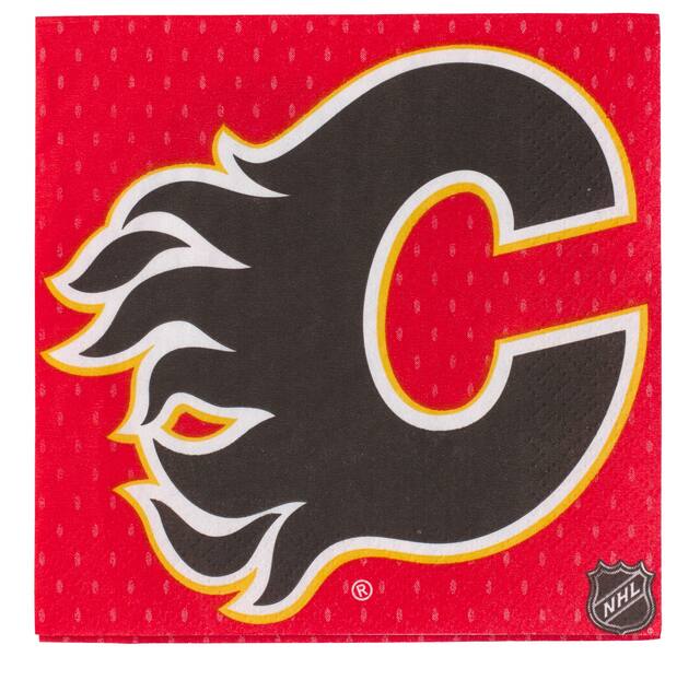 National Hockey League NHL Calgary Flames Square Paper Disposable Beverage Napkins, Red/Black, 5-in, 16-pk, 2-ply, for Sports Party Front_Flat