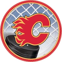 National Hockey League NHL Calgary Flames Round Paper Disposable Dessert Plates, Red/Blue, 7-in, 8-pk, for Sports Party Overhead_Flat