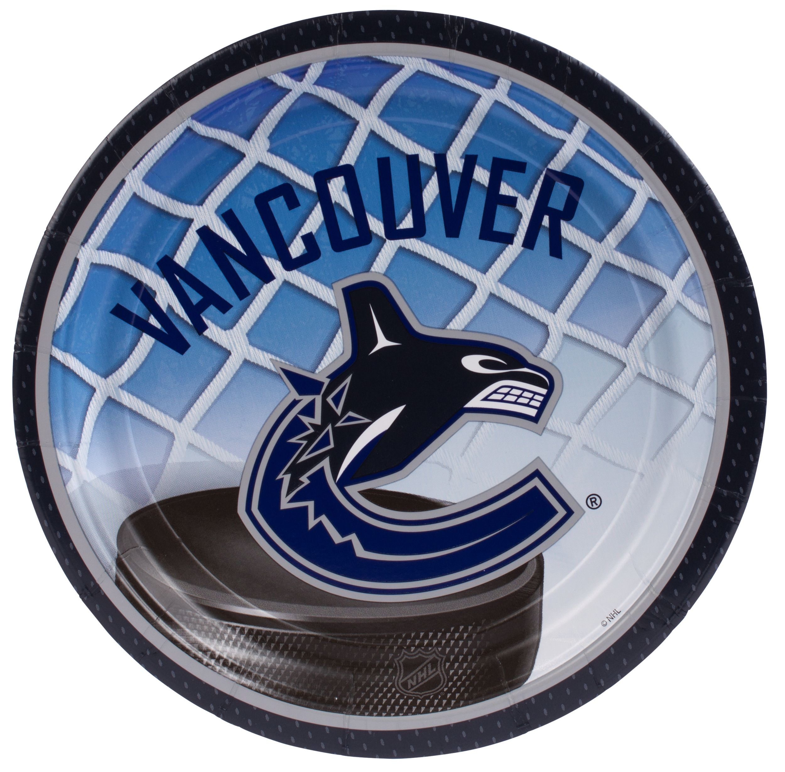 National Hockey League NHL Vancouver Canucks Round Paper Disposable Lunch Plates, Blue, 9-in,8-pk, for Sports Party Overhead_Flat