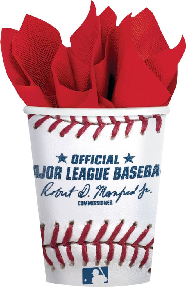 Major League Baseball MLB Rawlings Plastic Reusable Cups, White/Red/Blue, 16-oz, 8-pk, for Sports Party Front_Flat