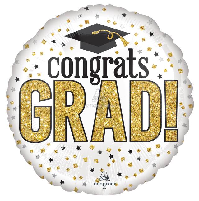 "Congrats Grad" Sparkle Foil Graduation Balloon, Helium Inflation Included, Black/Gold/White Front_Flat