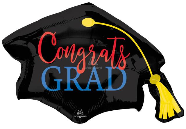 "Congrats Grad" Graduation Cap Satin Foil Balloon, Black, 31-in, Helium Inflation & Ribbon Included for Graduation Front_Flat