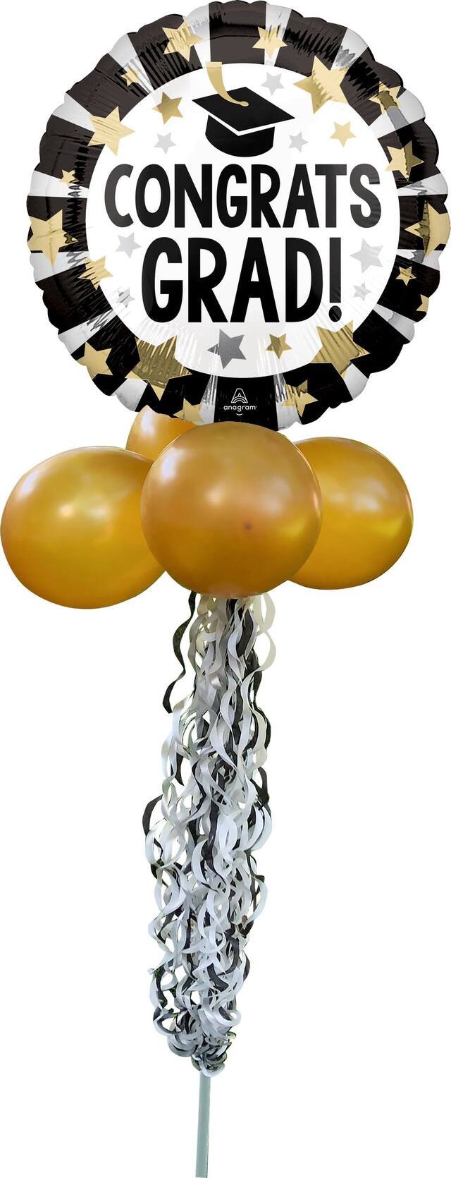 "Congrats Grad" Balloon Yard Sign for Graduation, Black/Gold/White Front_Flat