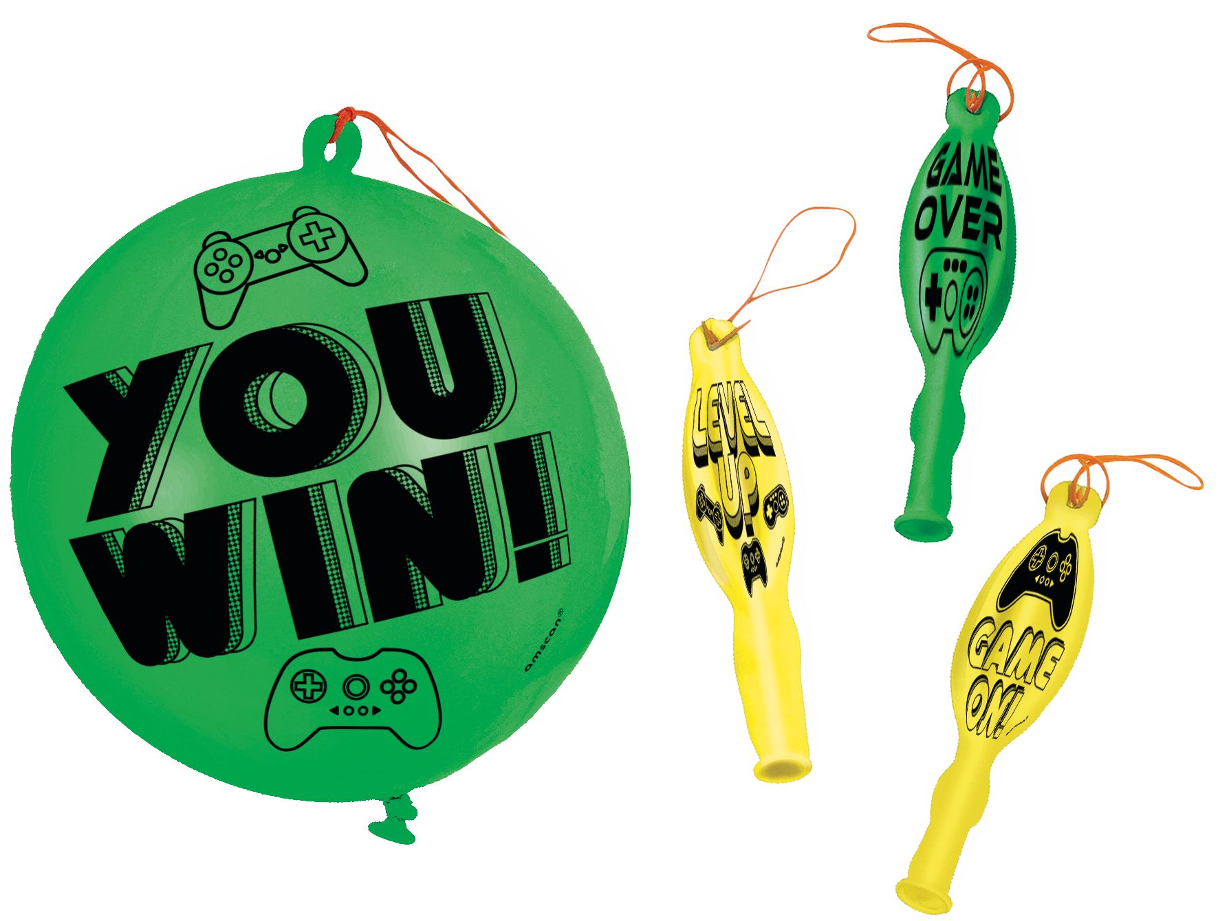 Ballons à frapper ronds Level Up You Win, vert/jaune, 16 po, paq. 4, pour fête d'anniversaire Composite_or_Mixed