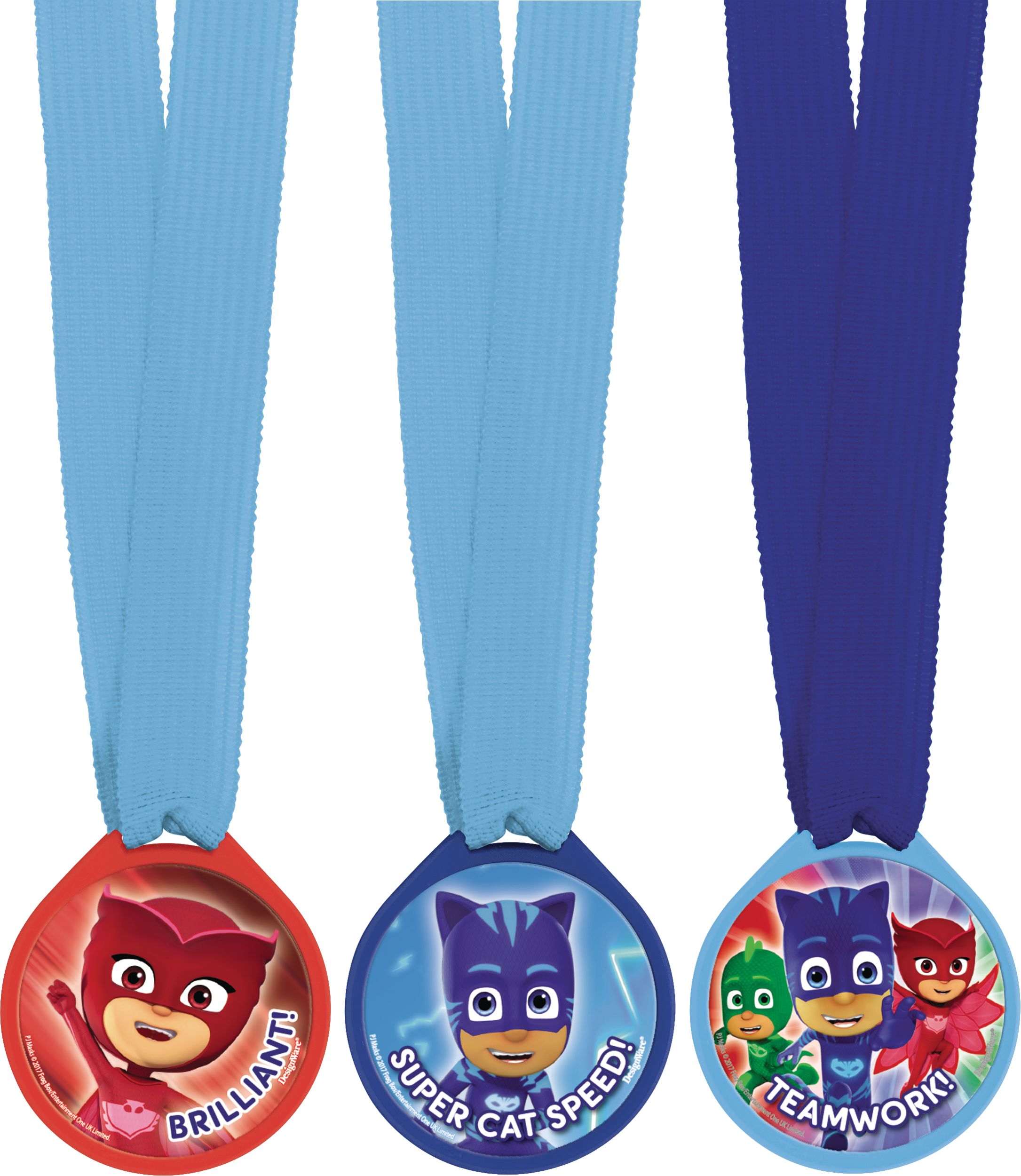 PJ Masks "Super Cat Speed" Catboy/Owlette/Gekko Award Medal Wearables, Blue/Green, 12-pk, for Birthday/Party Favour Overhead_Flat