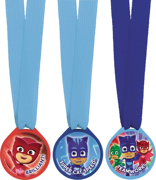 PJ Masks "Super Cat Speed" Catboy/Owlette/Gekko Award Medal Wearables, Blue/Green, 12-pk, for Birthday/Party Favour Overhead_Flat