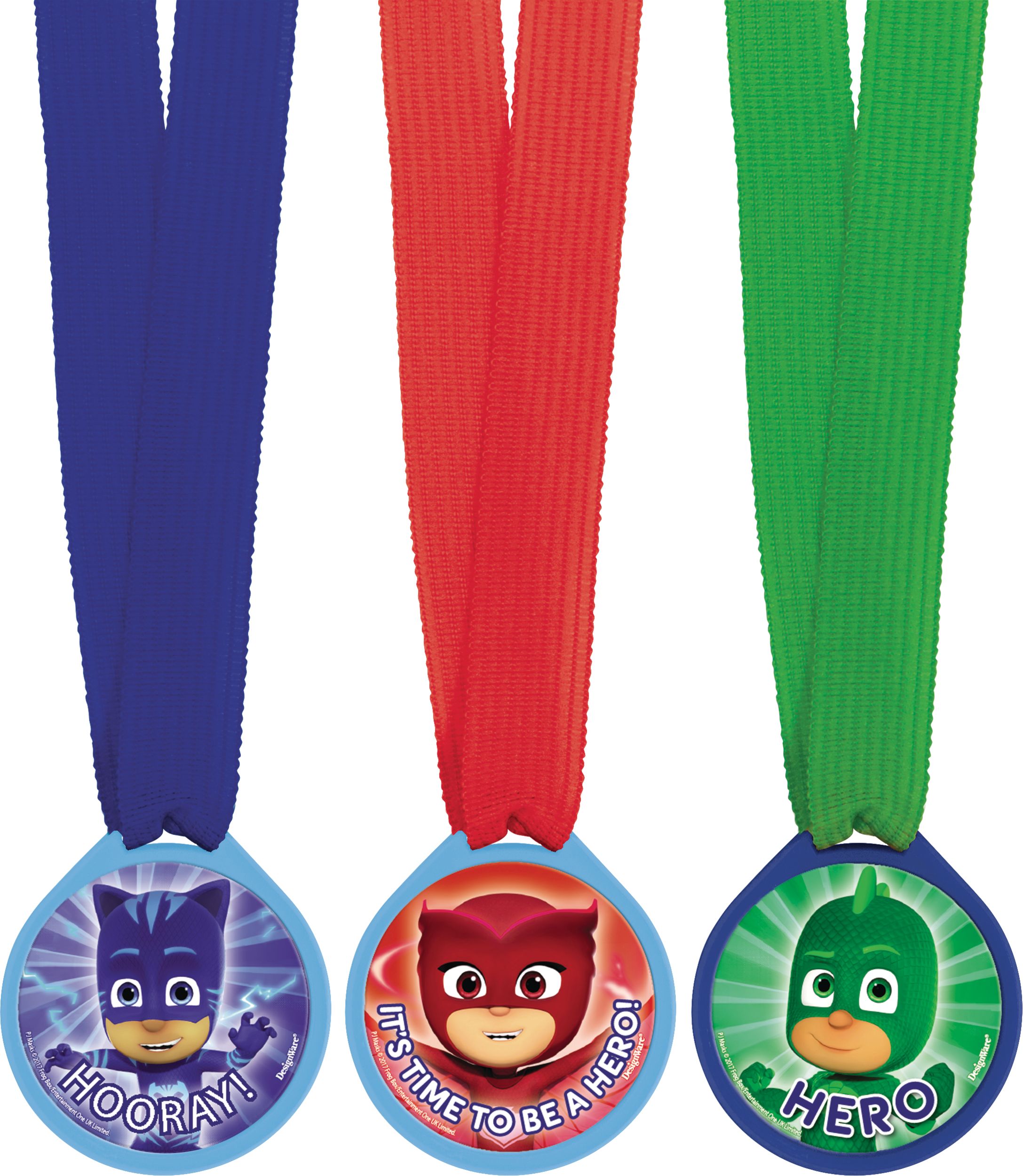 PJ Masks "Super Cat Speed" Catboy/Owlette/Gekko Award Medal Wearables, Blue/Green, 12-pk, for Birthday/Party Favour Overhead_Flat