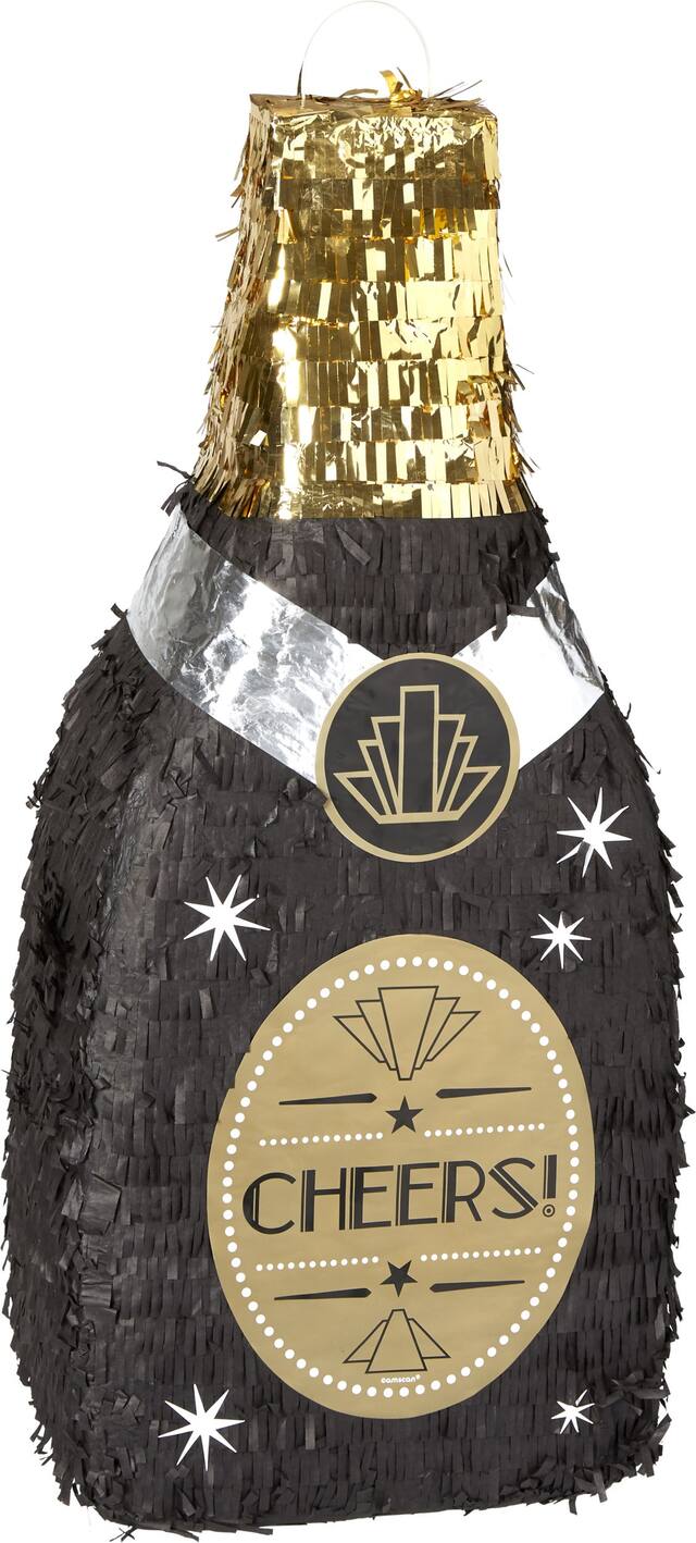 "Cheers" Champagne Bottle Pinata Hanging Decoration, Black/Gold, 27-in, Holds 2lb of Pinata Filler, for New Year's Eve/Anniversary Parties Front_Angled_Right