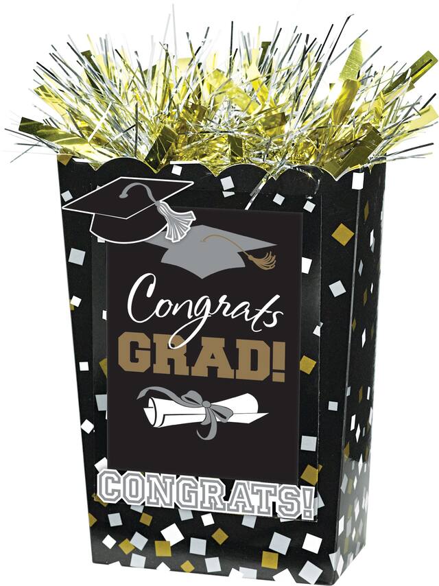 "Conrgats Grad" Gift Bag Shaped DIY Customizable Balloon Weight Accessory, Black/Gold, 9-in, for Graduation Front_Angled_Left