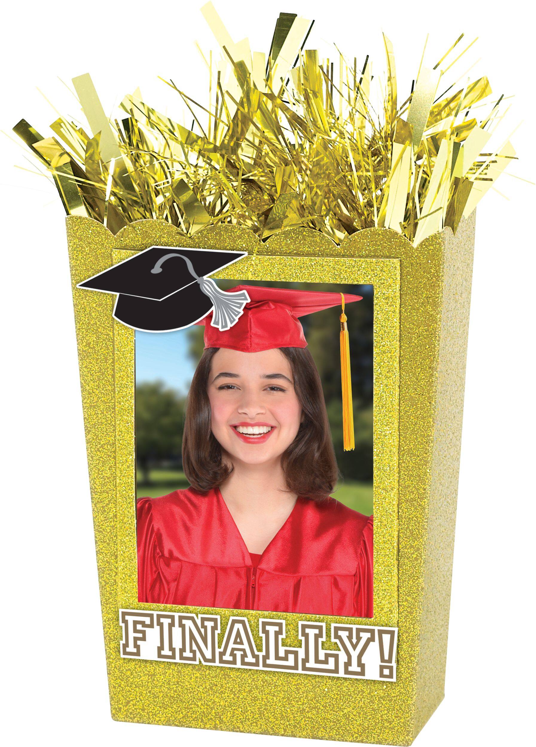 "Finally" Gift Bag Shaped DIY Customizable Balloon Weight Accessory, Gold, Glitter, 9-in, for Graduation Front_Angled_Left