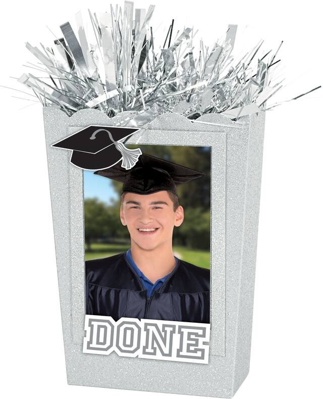 "Done" Gift Bag Shaped DIY Customizable Balloon Weight Accessory, Silver, Glitter, 9-in, for Graduation Front_Angled_Left