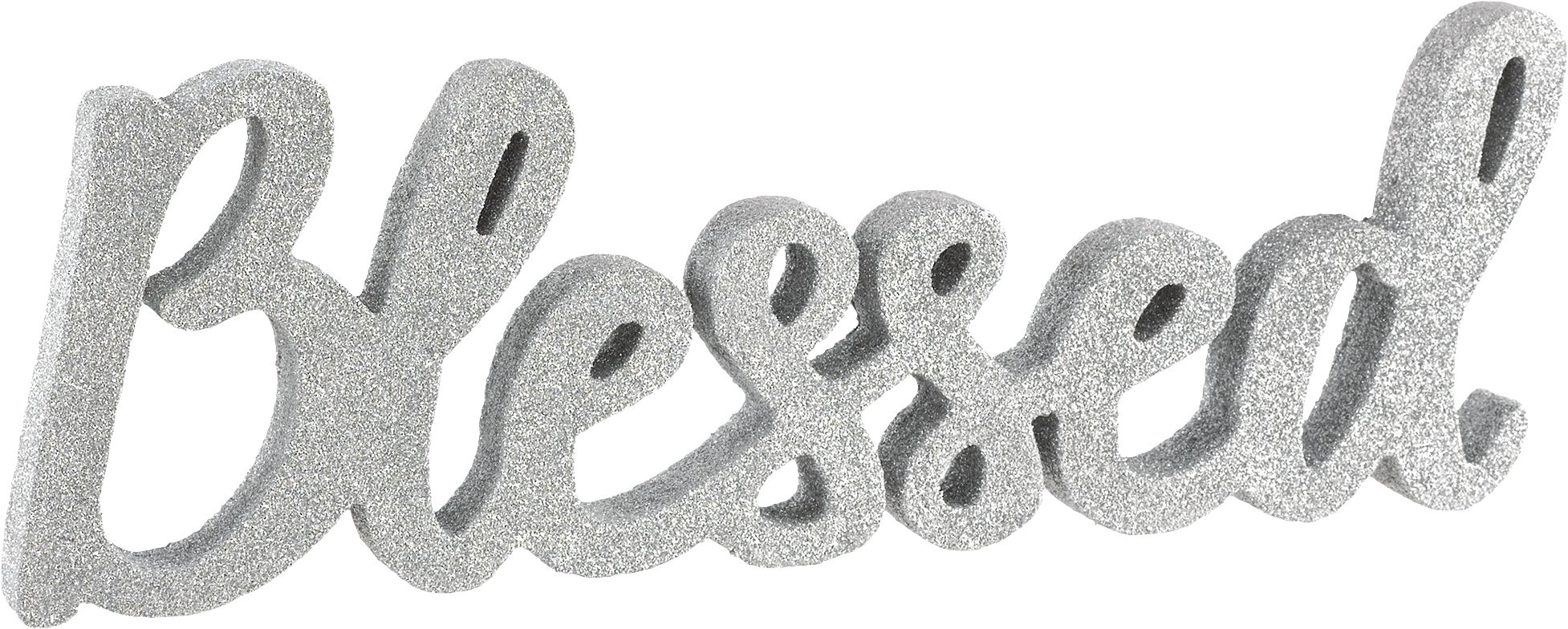 "Blessed" Standing Block Sign Table Centerpiece Decoration, Silver, 13.5-in, for First Communion/Religious Party Front_Angled_Right