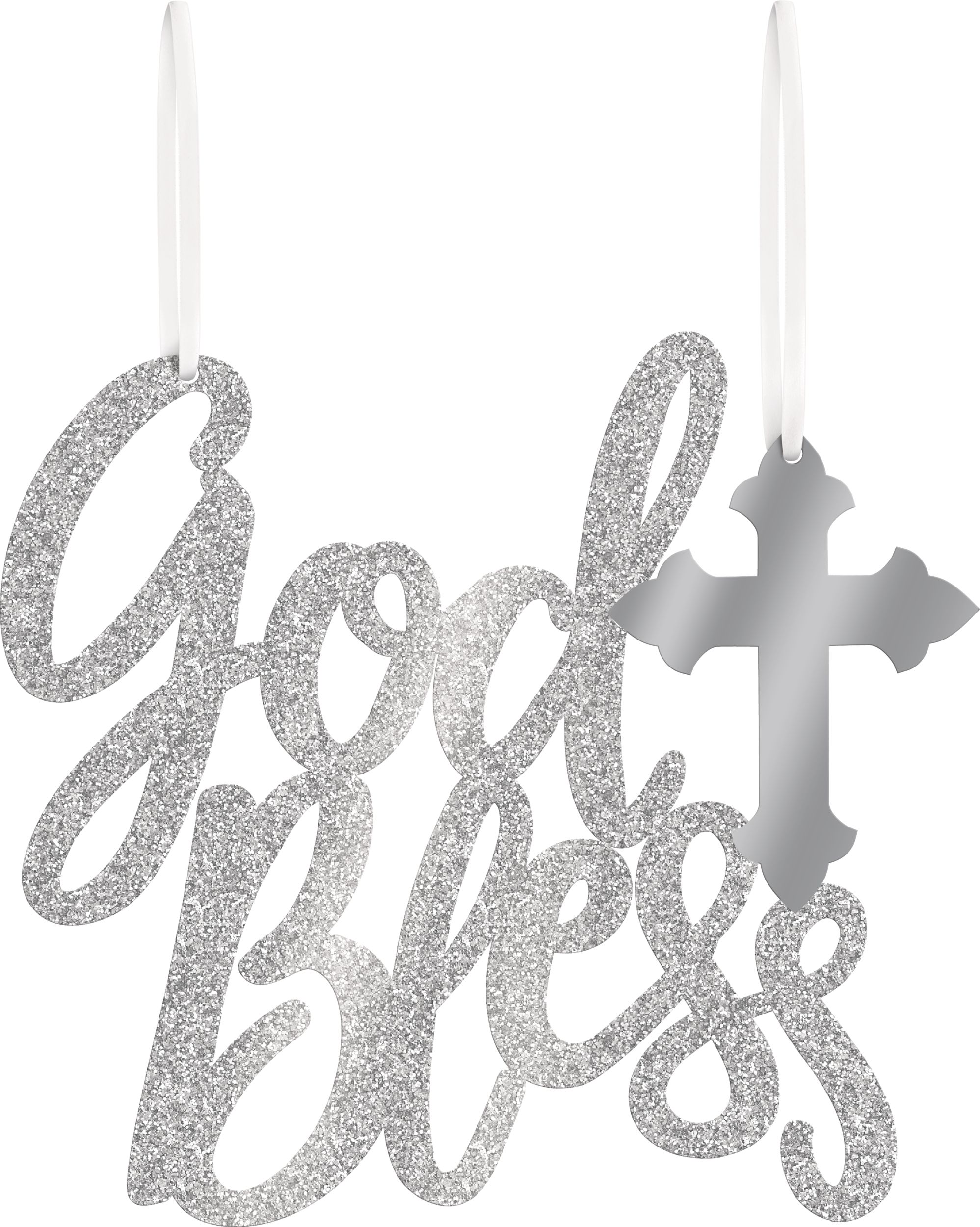 "God Bless" Hanging Sign Decoration, Silver, 11-in, for First Communion/Religious Party Front_Flat