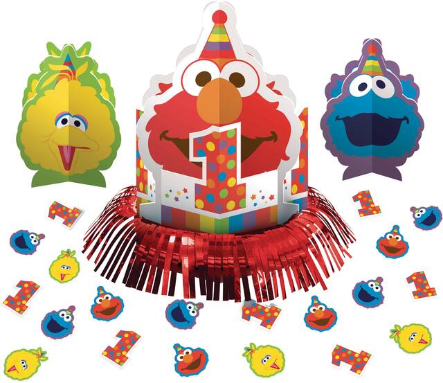 Sesame Street "1" Elmo/Big Bird/Cookie Monster Table Decorating Kit Centerpieces with Confetti, Red/Blue/Yellow, 12-in, 23-pk, for Birthday Party Front_Elevated