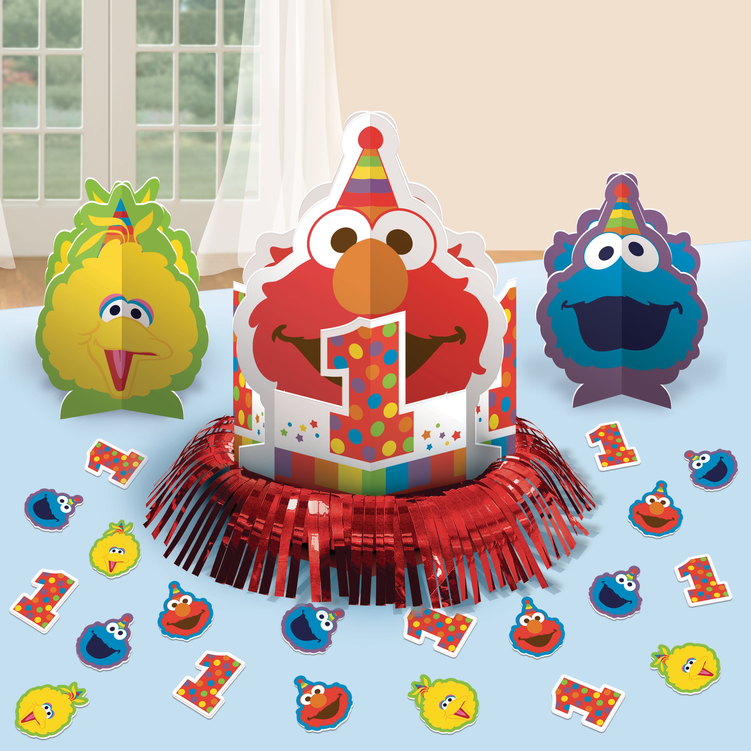 Sesame Street "1" Elmo/Big Bird/Cookie Monster Table Decorating Kit Centerpieces with Confetti, Red/Blue/Yellow, 12-in, 23-pk, for Birthday Party Front_Elevated