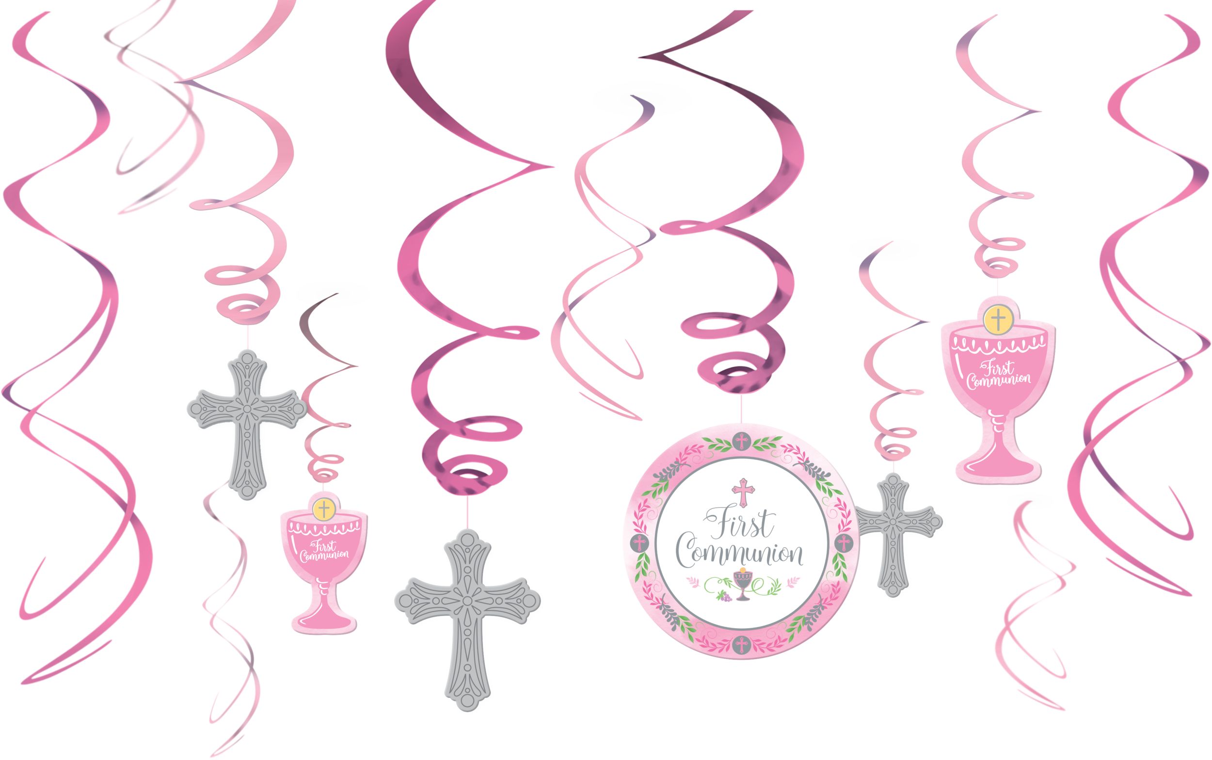 Pink First Communion Swirl Decorations, 12-pc Front_Flat