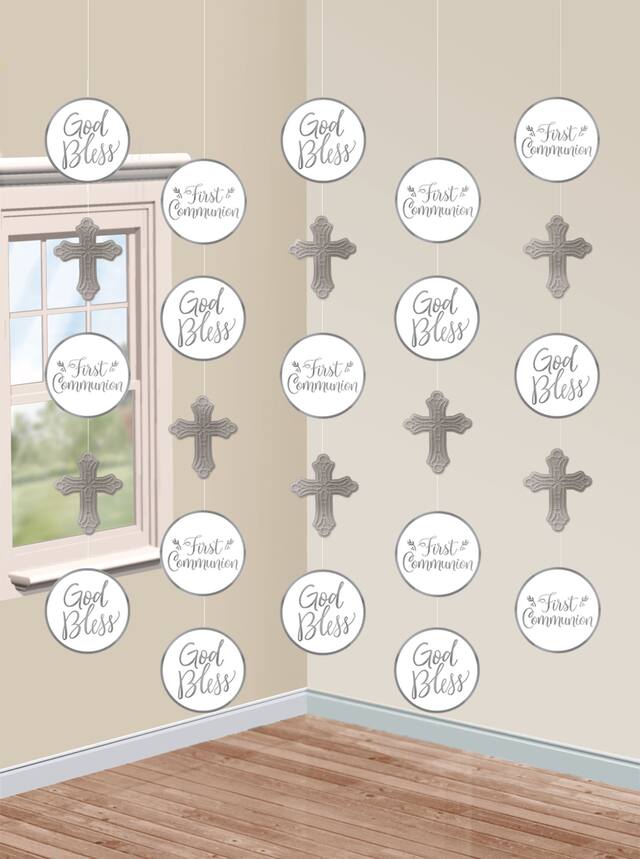 "God Bless" String Hanging Decorations, White/Silver, 5-ft, 5-pk, for First Communion/Religious Party Composite_or_Mixed