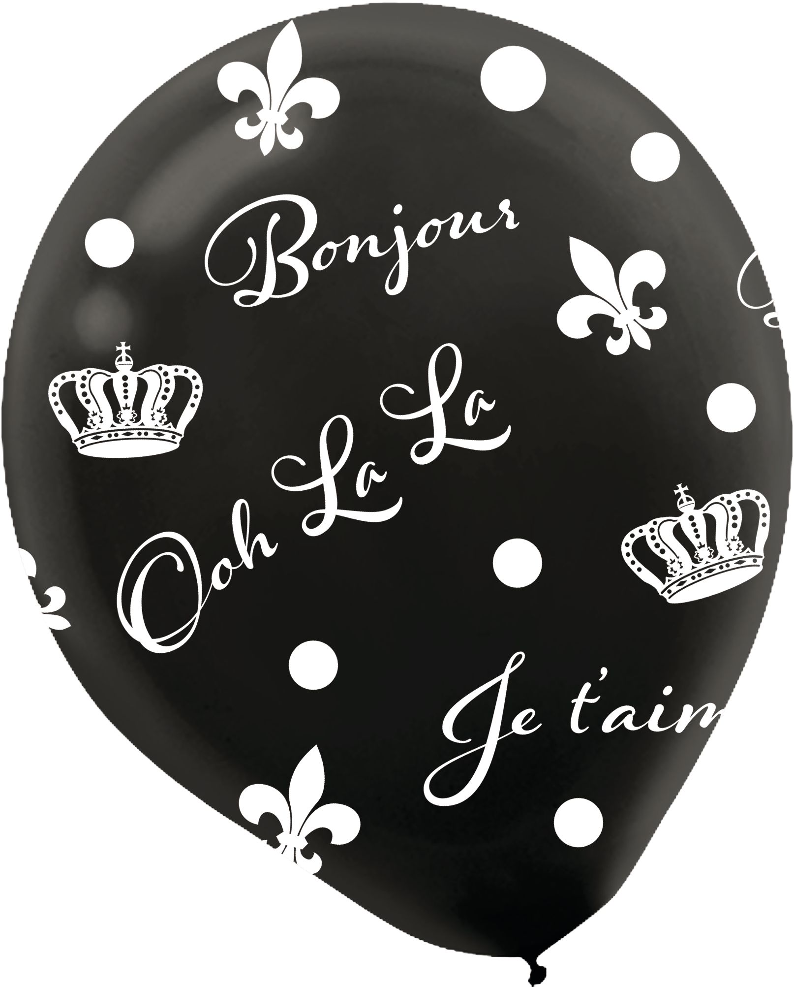 A Day in Paris "Bonjour" French Round Latex Balloons, Black/White, 12-in, 6-pk, for Birthday Party Front_Flat
