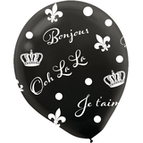 A Day in Paris "Bonjour" French Round Latex Balloons, Black/White, 12-in, 6-pk, for Birthday Party Front_Flat