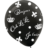 A Day in Paris "Bonjour" French Round Latex Balloons, Black/White, 12-in, 6-pk, for Birthday Party Front_Flat