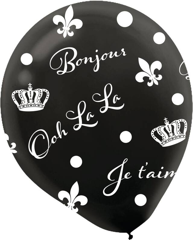 A Day in Paris "Bonjour" French Round Latex Balloons, Black/White, 12-in, 6-pk, for Birthday Party Front_Flat