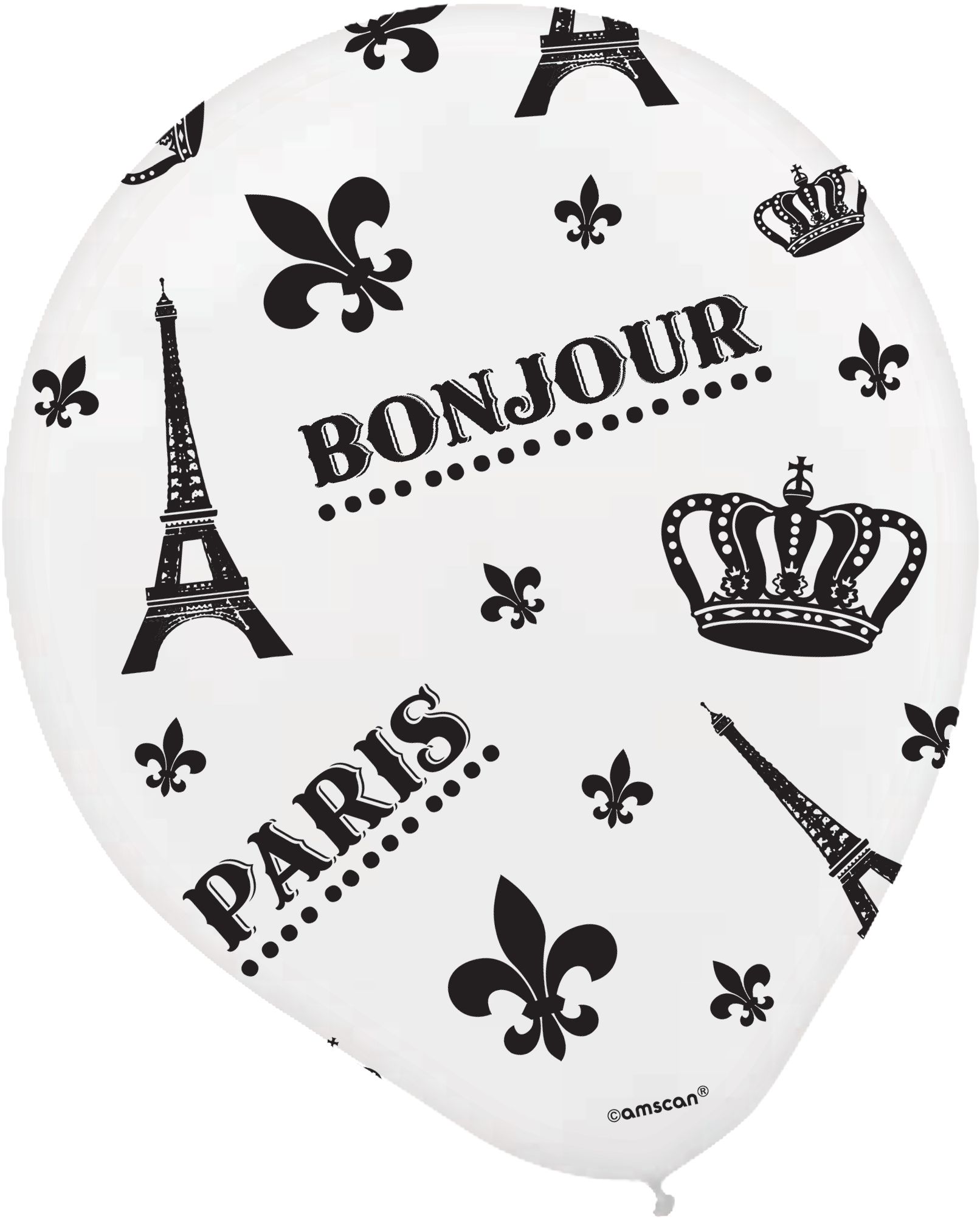 A Day in Paris "Bonjour" French Round Latex Balloons, Black/White, 12-in, 6-pk, for Birthday Party Front_Flat