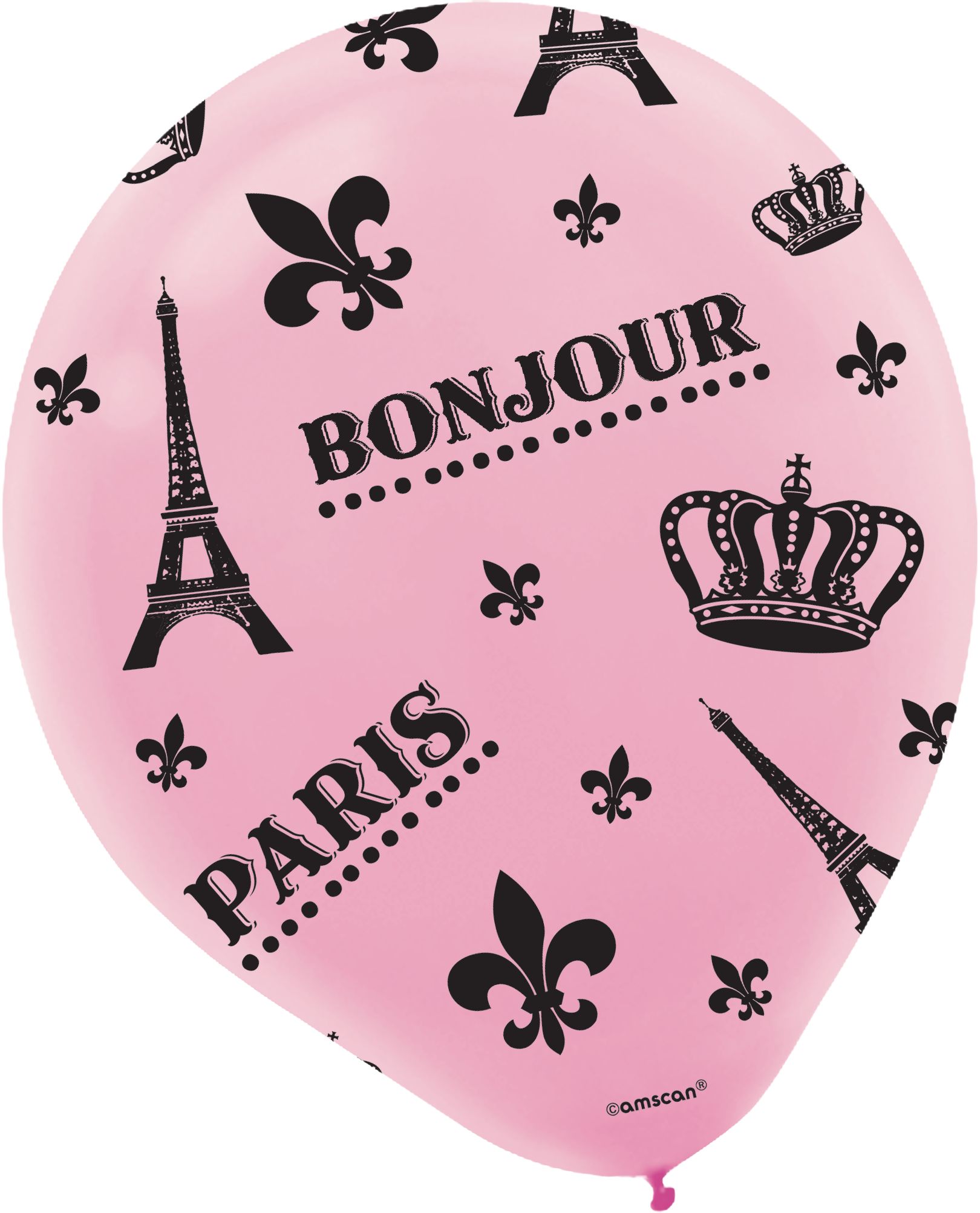 A Day in Paris "Bonjour" French Round Latex Balloons, Black/White, 12-in, 6-pk, for Birthday Party Front_Flat
