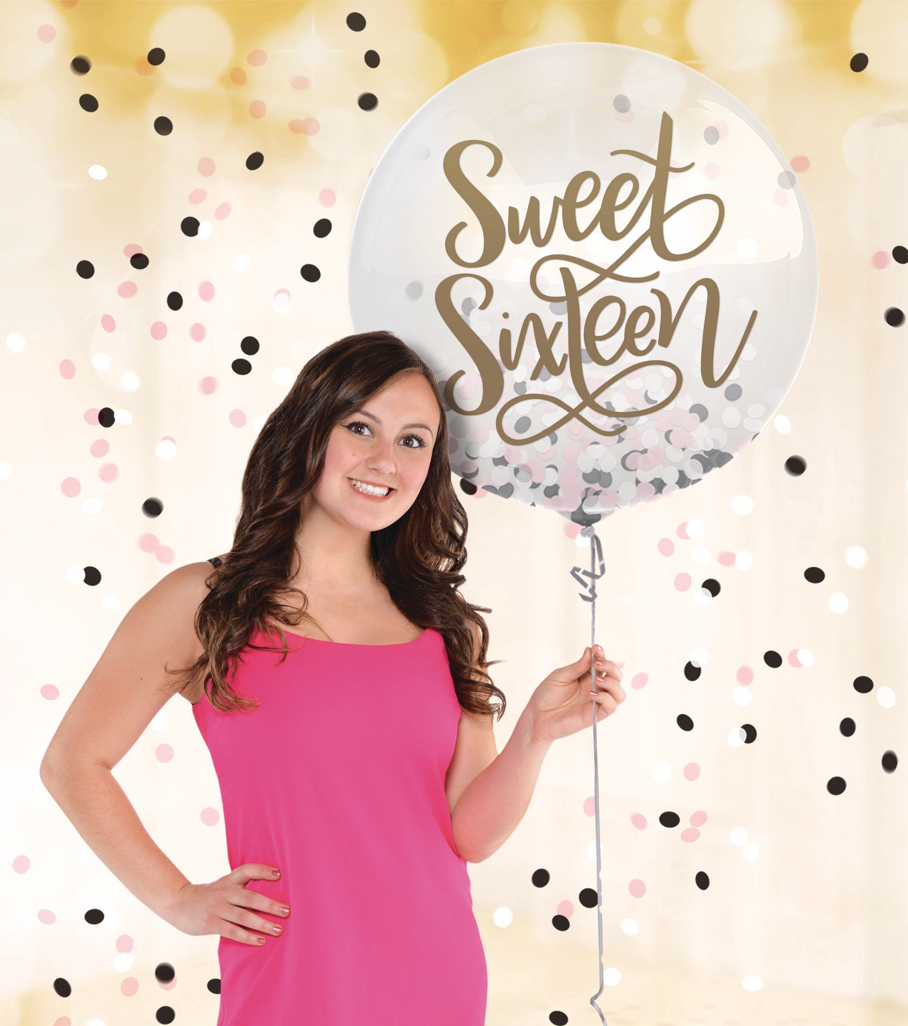 Ballon à confettis rond, motif noir, rose et blanc, Sweet 16 Front_Flat