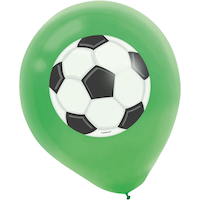 Soccer Round Latex Balloons, Green/Black/White, 12-in, 5-pk, for Sports Party Front_Angled_Left