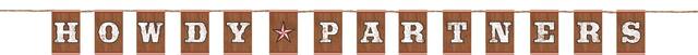 Western "Howdy Partners" Hanging Garland Banner Decoration, Brown, 12-ft, for Cowboy/Western Party Front_Flat
