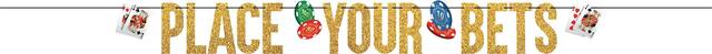Roll the Dice "Place Your Bets" Hanging Garland Banner Decoration, Gold, 12-ft, for Game Night/Vegas/Birthday Party Front_Flat