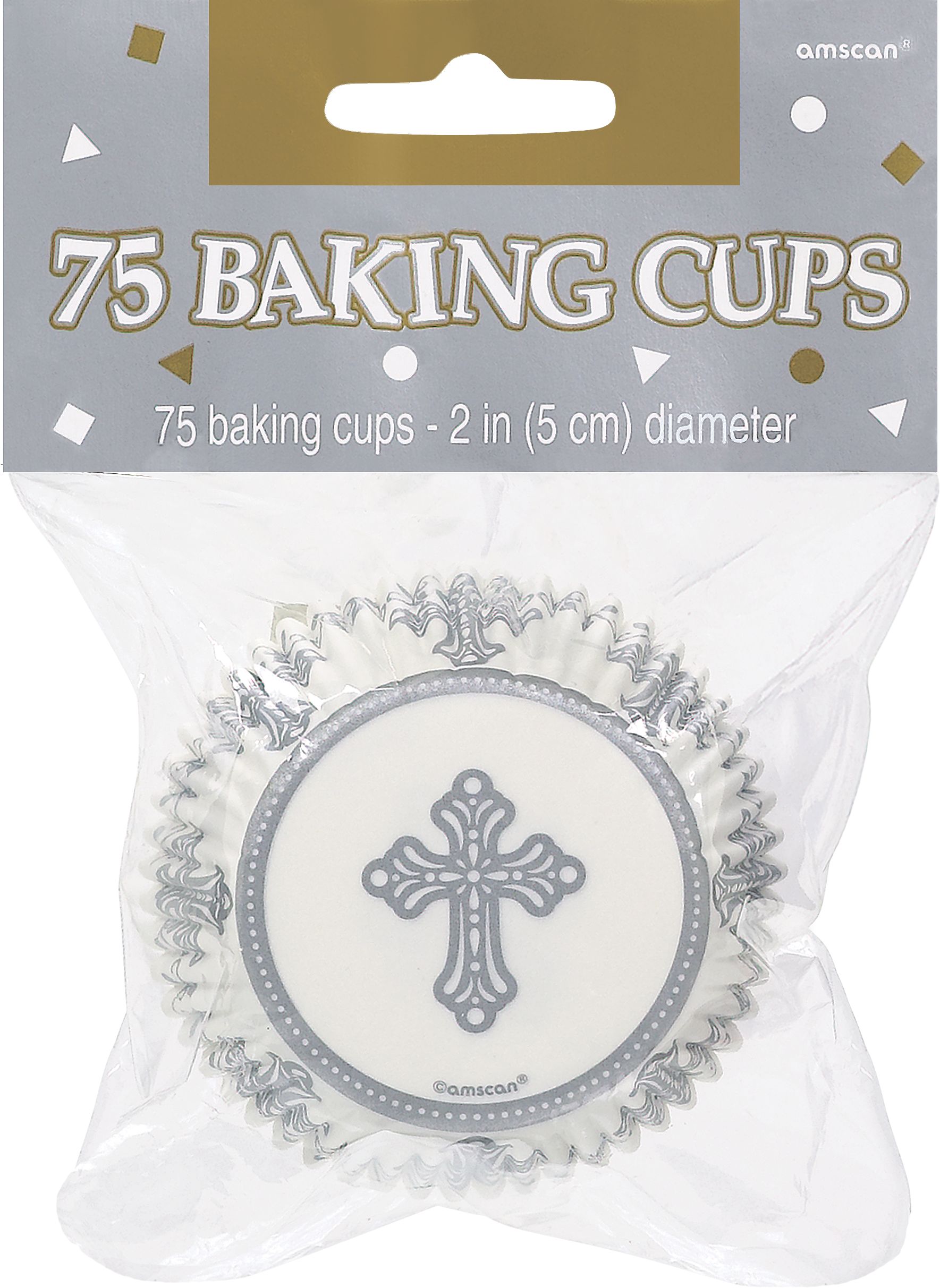 Baking Cups, White/Silver, 2-in, 75-pk, for First Communion/Religious Party Front_Flat
