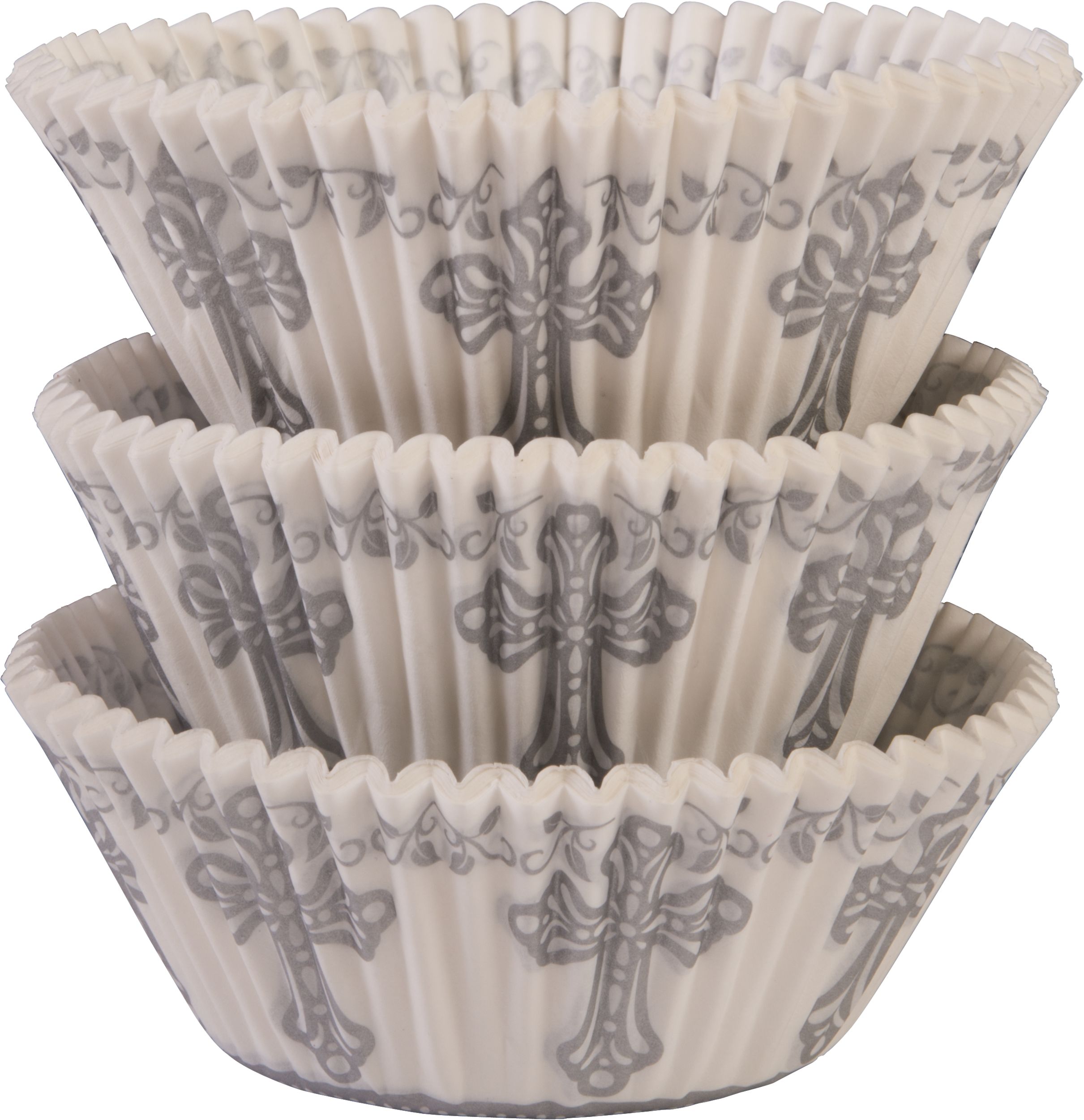 Baking Cups, White/Silver, 2-in, 75-pk, for First Communion/Religious Party Front_Elevated