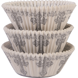 Baking Cups, White/Silver, 2-in, 75-pk, for First Communion/Religious Party Front_Elevated