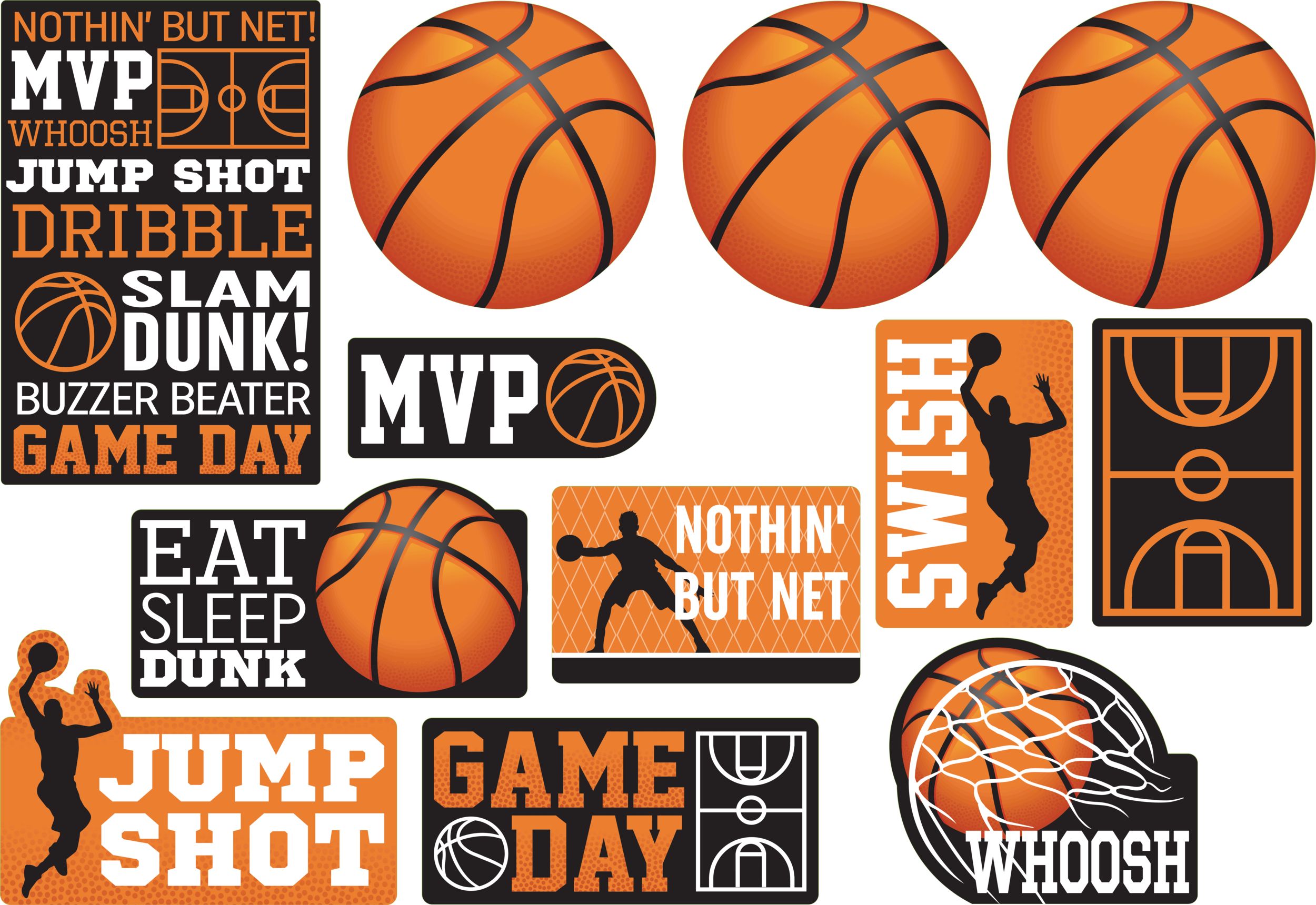 Basketball "Game Day" Table & Wall Cutout Decorations, Orange/Black, 11-in, 12-pk, for Sports Party Front_Flat