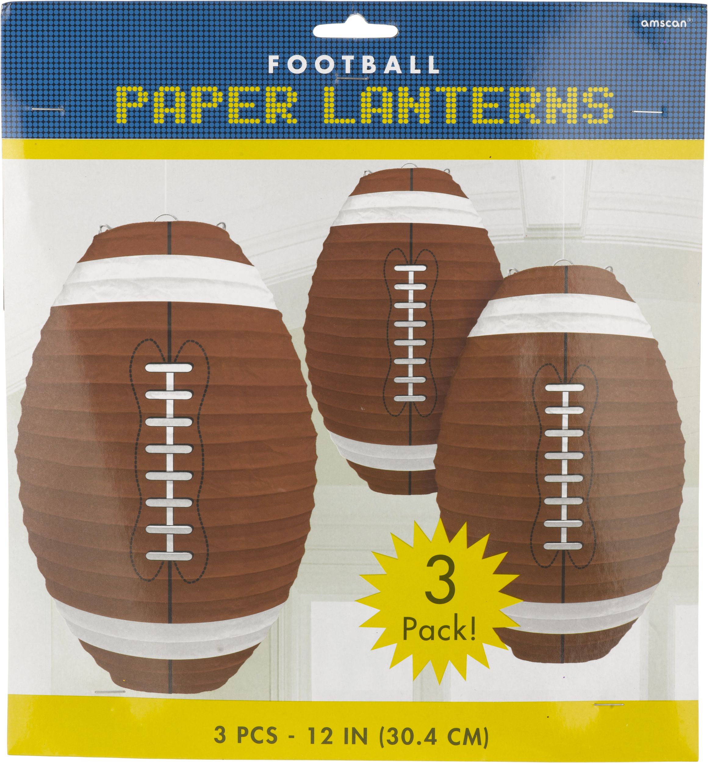 Football Paper Lantern Hanging Decorations, Brown, 9.5-in, 3-pk, for Sports Party Front_Flat