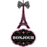 A Day in Paris "Bonjour" Eiffel Tower Hanging Sign Decoration, Pink/Black, 19.5-in, for Birthday Party Front_Flat