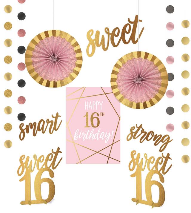 "Sweet 16" Room & Table Centerpiece Decorating Kit, Rose Gold, 14-in, 12-pk, for Birthday Party Front_Flat