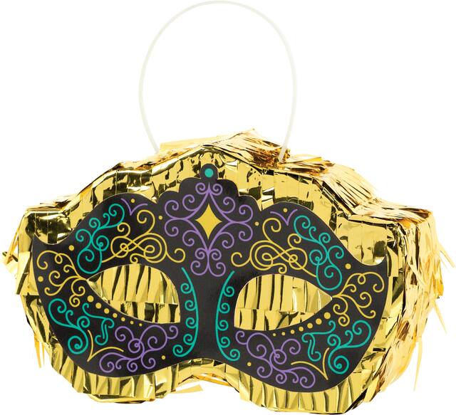 Masquerade Mask Pinata Hanging Decoration, Gold/Green/Purple, 4-in, for Mardi Gras Front_Angled_Right
