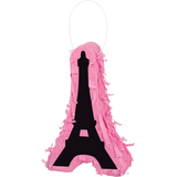 A Day in Paris Eiffel Tower Pinata Hanging Decoration, Pink/Black, 7-in, for Birthday Party Front_Angled_Left