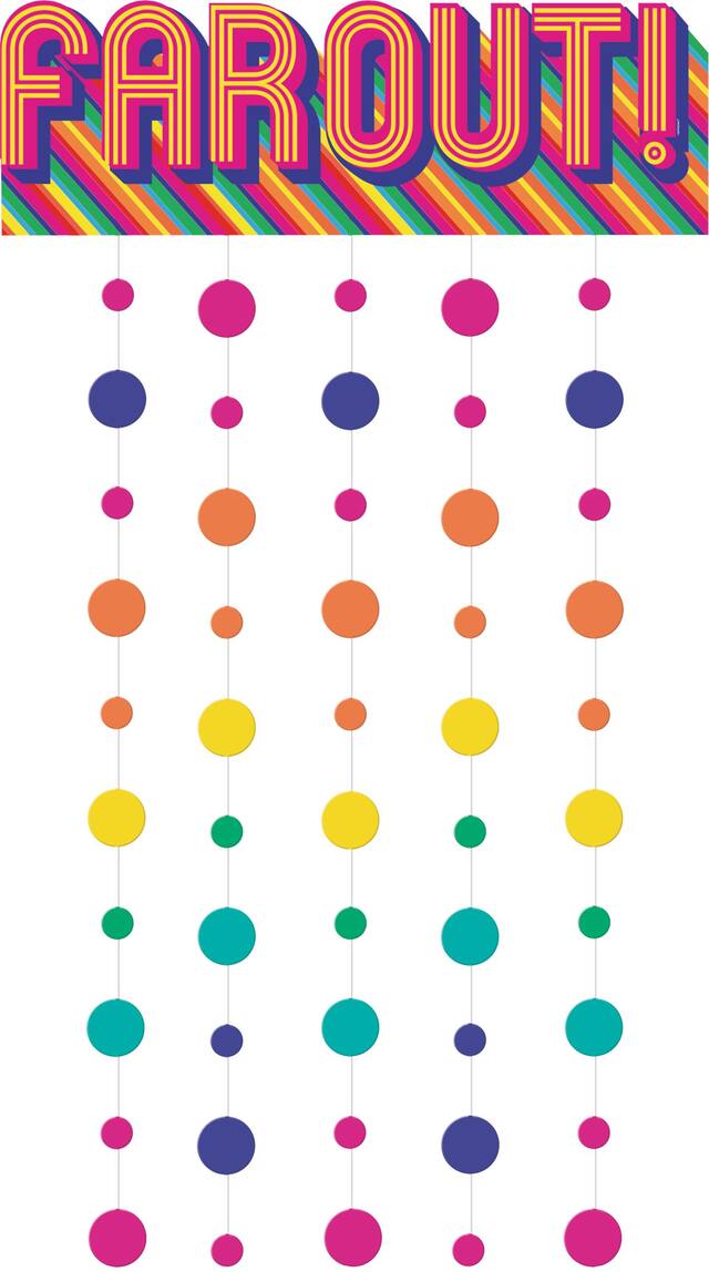 "Farout!" Hanging Doorway Curtain Decoration, Multi-Coloured, 77-in, for Retro Decade Party Front_Flat