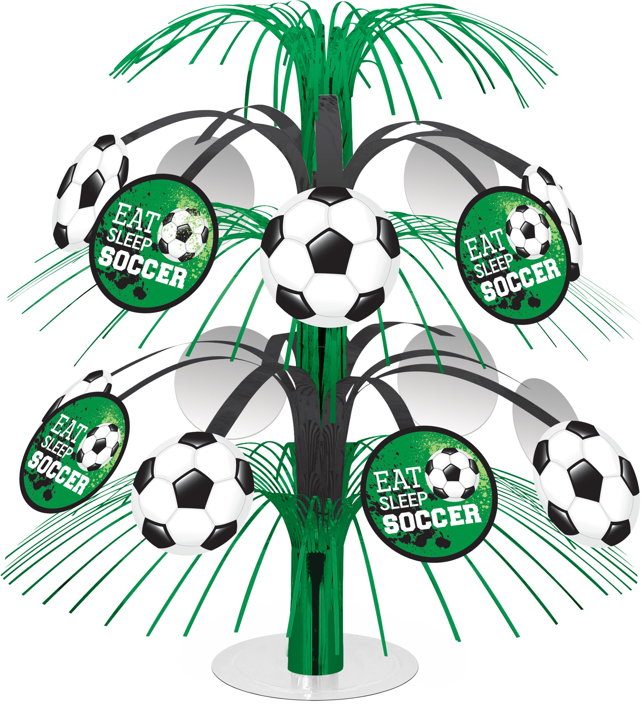 Soccer "Eat Sleep Soccer" Metallic Tinsel Spray Burst Centerpiece Table Decoration, Green/White, 14-in, for Sports Party Front_Flat