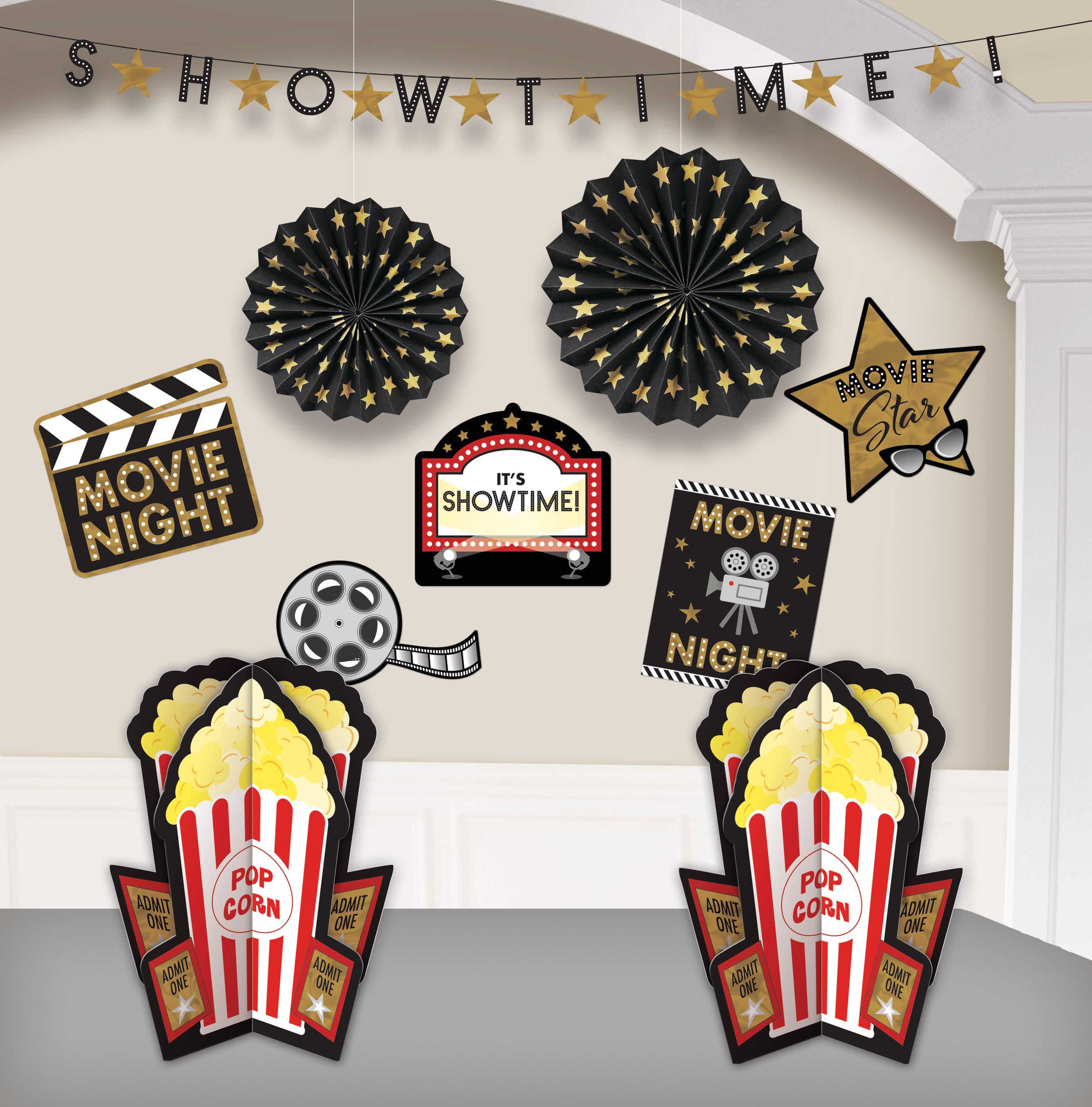 Movie Night Room & Table Centerpiece Decorating Kit, Black/Gold, 14-in, 10-pk, for Movie Nights/Carnival Composite_or_Mixed
