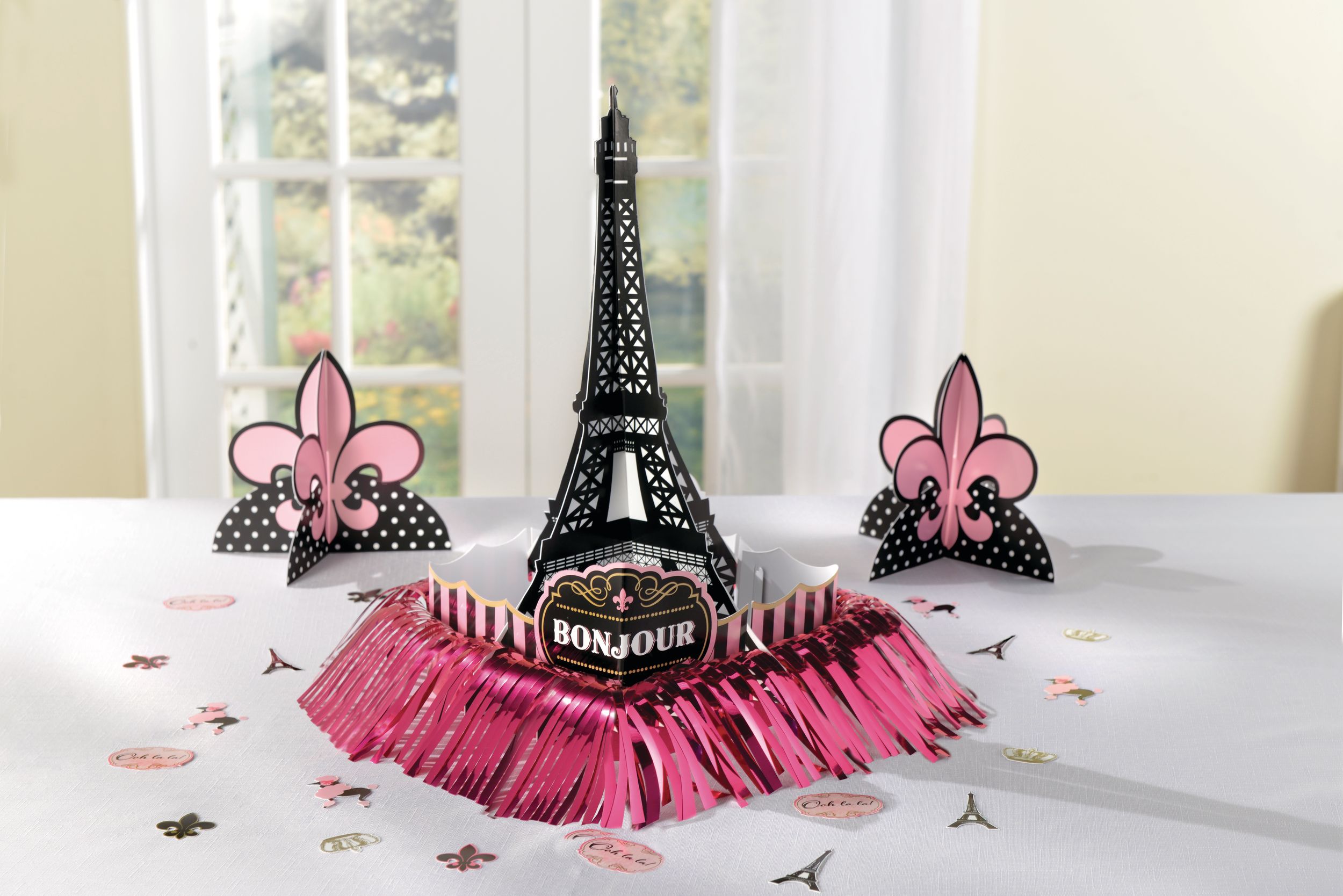 A Day in Paris "Bonjour" Eiffel Tower Table Decorating Kit Centerpieces with Confetti, Pink/Black, 14-in, 23-pk, for Birthday Party Composite_or_Mixed