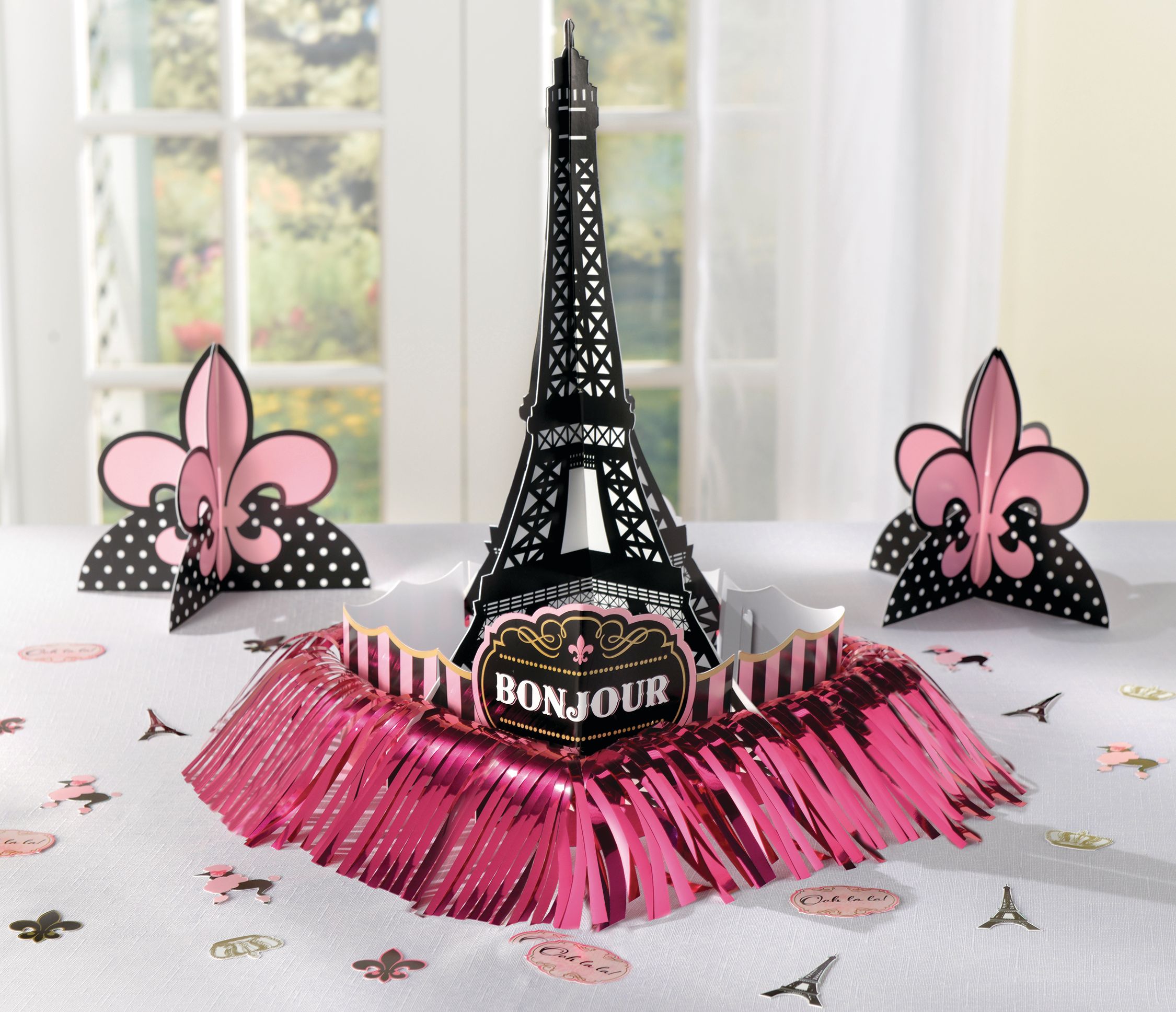 A Day in Paris "Bonjour" Eiffel Tower Table Decorating Kit Centerpieces with Confetti, Pink/Black, 14-in, 23-pk, for Birthday Party Composite_or_Mixed