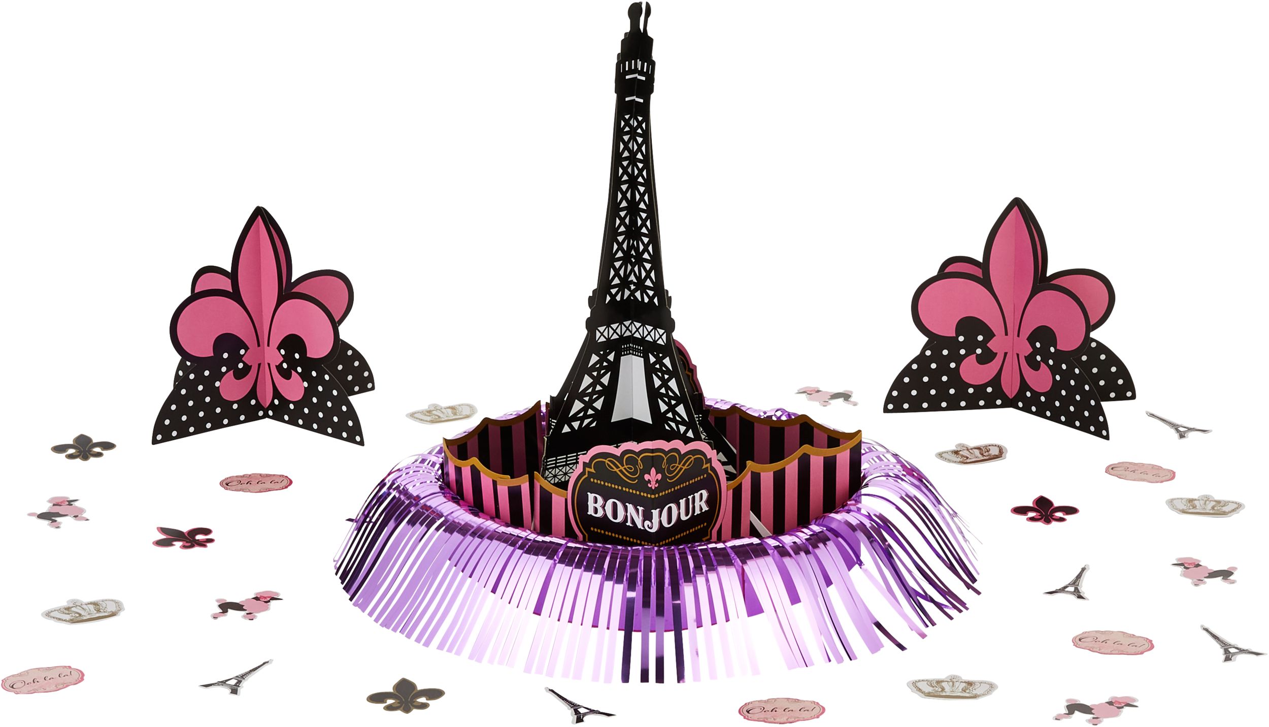 A Day in Paris "Bonjour" Eiffel Tower Table Decorating Kit Centerpieces with Confetti, Pink/Black, 14-in, 23-pk, for Birthday Party Composite_or_Mixed